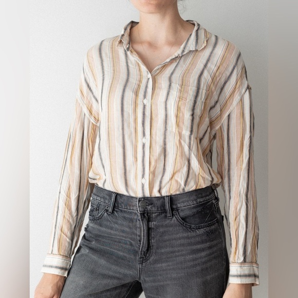 American Eagle Outfitters Striped Button Down Shirt - Cream, Gray, Yellow - Picture 1 of 8
